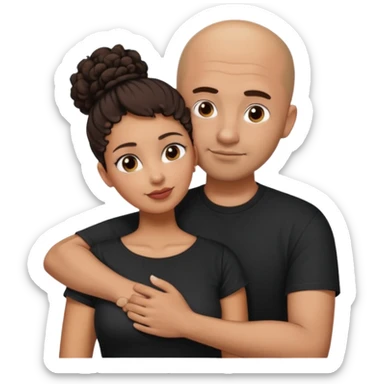 A picture of a tanned couple embracing. the man is a Mexican man with tanned skin, a bald hair cut, short beard and wearing a black shirt. the woman is mixed, with curly dark brown hair in a big messy bun and with big boobs  sticker