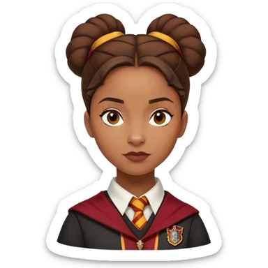 Angelina Johnson in harry potter, wear hogwarts gryfindor uniform,  thick, brown bun hair , reflecting her bold, stylish, and strong personality sticker