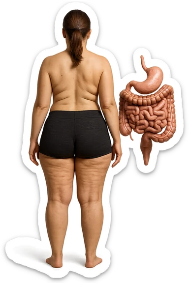 una donna di spalle a figura intera in gym shorts con cellulite e intestino umano anatomico, iperrealistica 4k
 sticker