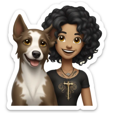 light skin woman with a face tattoo of a cross and long wavy black hair expressing joy alongide a white and brown miniature kelpie sticker