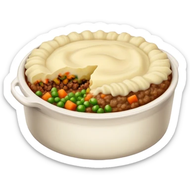 Cinematic Realistic Shepherd's Pie Dish Emoji, depicted with rich, savory minced lamb and vegetable filling topped with creamy mashed potatoes, rendered with exquisite detail and natural warm lighting that highlights its homestyle appeal. sticker