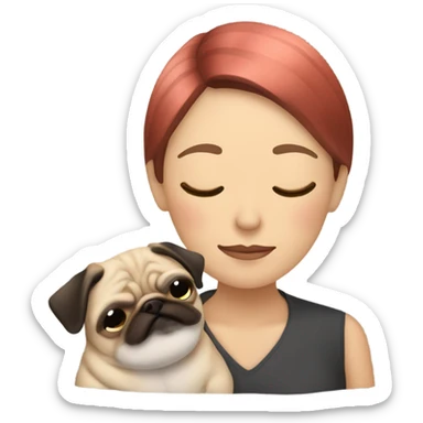 Pugs sleeping with female owner who has a multicolored bob hair cut happily  sticker