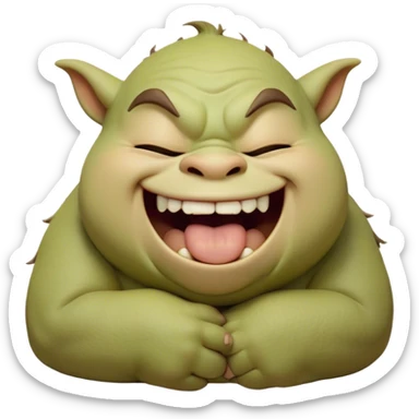 Cinematic Cute Yawning Ogre Portrait Emoji, with a surprisingly cuddly, rotund figure in soft earthy greens and browns, head tilted back in a big, gentle yawn exposing a set of comically oversized teeth, simplified yet irresistibly adorable, highly detailed with a soft glowing outline that captures the sleepy charm of a friendly ogre after a long day of gentle mischief! sticker