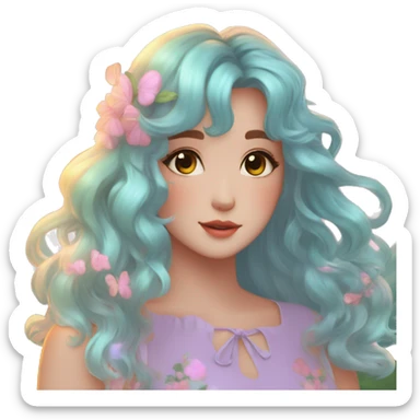 Dreamy pretty shiny colorful girl in nature pastelcore kawaii beautiful hair cottagecore accessories trending aesthetic sticker