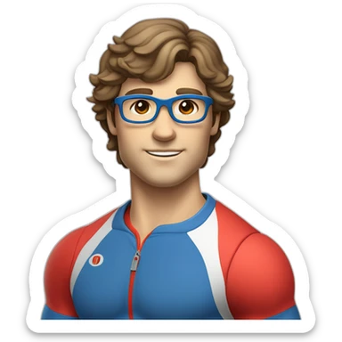 retro 70s blue and red gym clothes for a modern white brunette uni male student with glass sticker