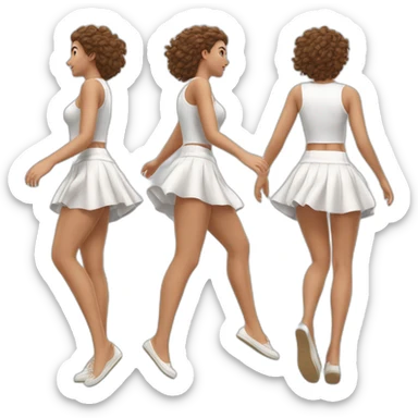 Hyperrealistic Full body Caucasian curvy beauty jumping short white skirt back and front views strong wind sticker