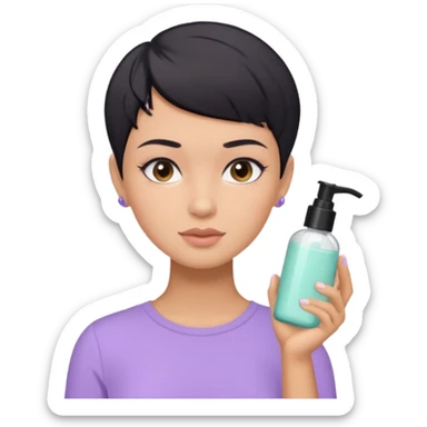 tan girl with pastel purple shirt with black hair & a pixie, doing her skin care sticker