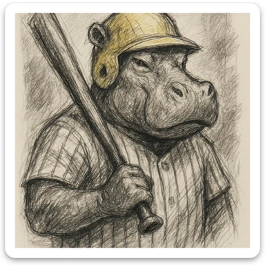 hippo holding a baseball bat, wearing a yellow helmet, pinstripes outfit sticker