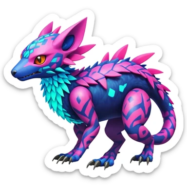 Tropical futuristic lush warm-colored modern colorful neon-colored cyber-Fakémon-Digimon-Trico-Vernid-creature sticker