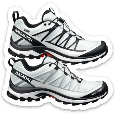 White Salomon XT-6 Gore-Tex sneakers as a pair with one shoe positioned behind the other, iOS emoji style, featuring trail running design with zigzag overlays and aggressive sole sticker