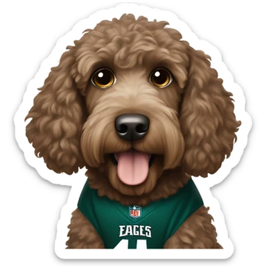 Brownish Labradoodle wearing a Philadelphia eagles jersey sticker