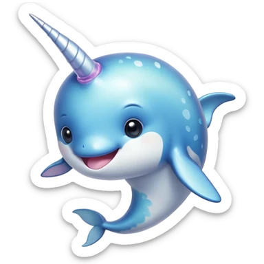 Cinematic Cute Cute Narwhal Portrait Emoji, Head tilted playfully and inquisitively, featuring a charming, sleek body with softly iridescent skin, a prominently spiraled tusk and large, twinkling eyes full of gentle wonder, Simplified yet irresistibly adorable features, highly detailed, glowing with a warm, inviting ocean glow, high shine, affectionate and lively, stylized with a touch of magical sea whimsy, soft glowing outline, capturing the essence of a mischievous yet endearing cute narwhal that seems as if it could frolic out of the screen into your heart! sticker