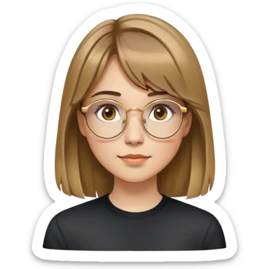 young adult woman with light skin, friendly and serene expression, round face with prominent cheeks, light brown hair with golden highlights, voluminous and straight with slight waves, long bangs over eyebrows, large octagonal glasses with thin golden or light pink frame, casual dark shirt sticker