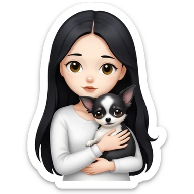 A girl with fair skin, long black hair, white clothes, gently, with both hands tightly, hugging a black Chihuahua sticker