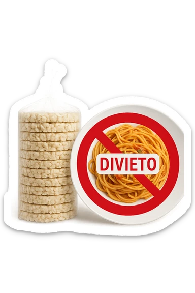 confezione di gallette di riso con accanto un piatto di pasta con divieto sopra, in italiano,  realistici sticker