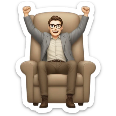 Joyful Celebrating victory Hands up Pale skinned Fit Man With dark brown hair in gray jacket, beige office shirt, Brown pants and vintage glasses sitting In a soft chair sticker