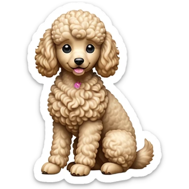 cinematic-[poodle]-realistic-full-body-sitting-emoji,-tail-resting-loosely-beside-its-paws,-head-tilted-dramatically, -curly-[cream]-fur,-simplified-yet-realistic-focused-features,-highly-detailed,-glowing-with-an-almost-sarcastic-glow sticker