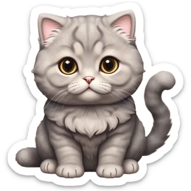 Cinematic Adorable Fluffy Grey Scottish Fold Cat Portrait Emoji, Head tilted cutely with big, sparkling eyes and adorable folded ears, soft grey fur with darker points on the ears, face, and paws, Simplified yet irresistibly adorable features, highly detailed, glowing with a soft, warm glow, high shine, affectionate and playful, stylized with a touch of whimsy, bright and endearing, soft glowing outline, capturing the essence of a curious and loving kitten with the signature charm of a Scottish Fold's unique folded ears, so cute it feels like it could leap out of the screen and snuggle up for a cuddle! sticker