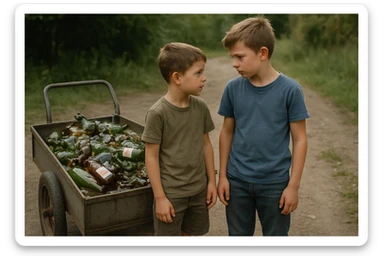 Bir g'ildiragi singan ichimliklar ortilgan arava uning yonida aka uka bir biriga havotirli nigoh bilan qarab turibdi realistik uslubda yuzi ko'rinmasin sticker