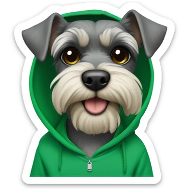 Mini schnauzer with a Kelly green hoodie over its head sticker