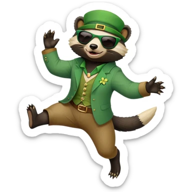 friendly anthropomorphised honey badger in a casual green-themed outfit with St. Patrick's Day accessories, wearing sunglasses, jumping, no beer sticker
