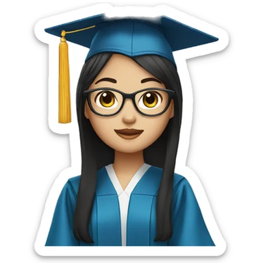 A Chinese girl wearing graduation gown and glasses sticker