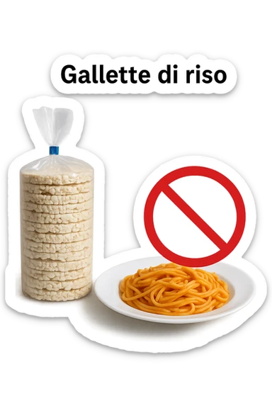 confezione di gallette di riso con accanto un piatto di pasta con divieto sopra, in italiano,  realistici sticker
