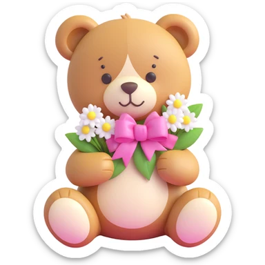 A cute teddy bear with a pink bow on its head, holding a bouquet of white flowers, in a 3D iOS Disney style, with a soft pink background and hearts floating around. sticker