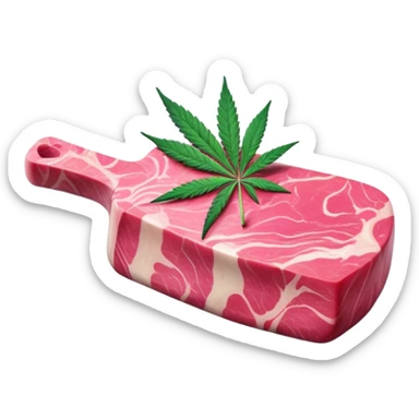 Pink marbled wagyu beef steak with cannabis leaf garnish sticker