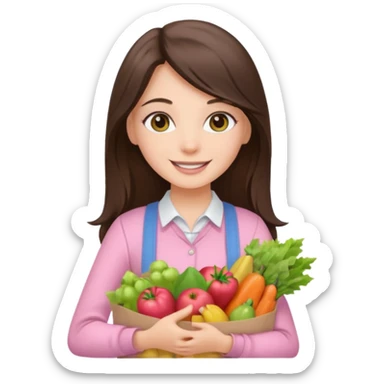 pretty smiling long brunette hair girl hazel eyes wearing light pink clothes holding groceries sticker