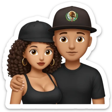 A picture of a tanned couple embracing. the guy is Mexican, with a bald hair cut and he has a SnapBack hat on. The girl is mixed, the girl is wearing a black shirt, the girl has brown curly big hair and the girl has big boobs  sticker