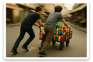 endi shu aravani bir balonchasi singan ko'rinishda va aka uka uning yonida turganini tasvirla yuzlari ko'rinmasin sticker