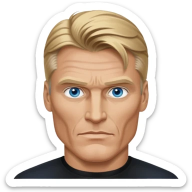 Dolph Lundgren with blue eyes, dark blonde hair, black outfit sticker