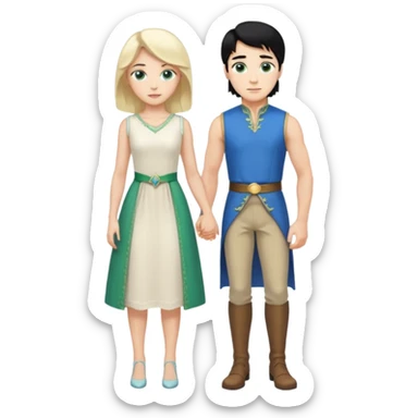 prince, standing upright, black Hair, blue eyes, garment, and woman, bending knee, sleveless white dress, blonde hair, green eyes, sticker