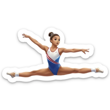 Professional gymnast performing a dynamic routine on parallel bars, captured mid-air in an elegant flip. The background features a well-lit gymnastics arena with a cheering audience. The athlete's posture and expression convey strength, control, and perfect coordination. sticker