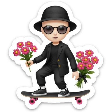 ["Ai sad boy wnith pale sgkin, bald , wearing aa sunhat a nd sunglascses, dresased in gomh fashien, is skrateboardiang while h.olding a f"lower bou]quet."] sticker