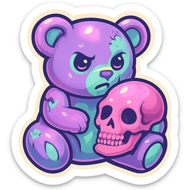 Turn this image into a zombie bear with pastel goth colors, holding a pink skull, in retro stickers style, with no background. sticker