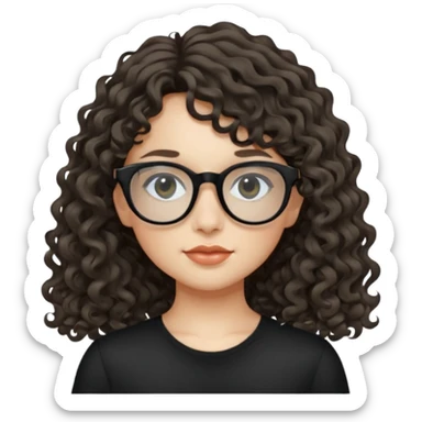 create a frontend girl that has a round face long curly hair with a side curtain bangs and wears black square rayban glasses doesnt smile with her teeth and white sticker