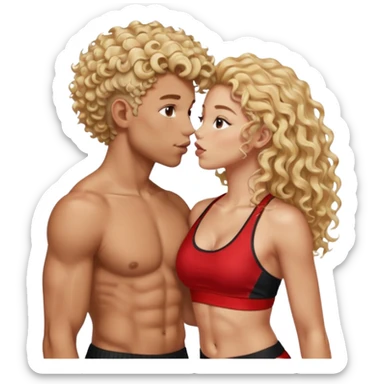 athletic man, high top fade, blonde curly hair only top only, no shirt and Athletic girl with long light red wavy long hair and black sports, Put them together kissing, or holding hands sticker