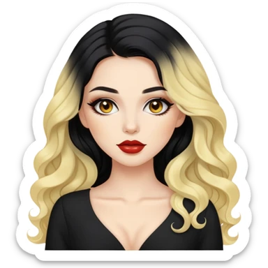 gadis cantik, kulit berwarna kuning langsat, memiliki rambut panjang dengan bentuk sedikit wayv dan berwarna hitam, memakai pakaian serba coquette, dan memakai make up yang cantik sticker