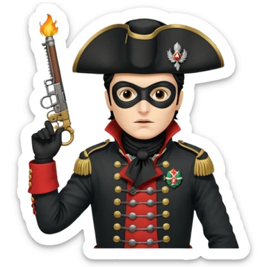 Adam Ant  with black mask is wearing a Hungarian jacket Hussar'S JACKET, holds two firelocks holsters in his hands sticker