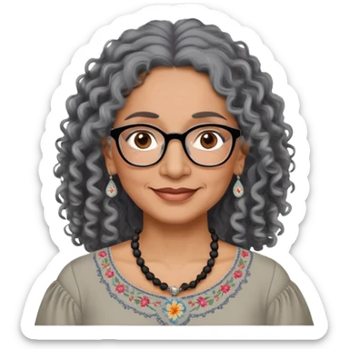 Latina woman, about 55 years old, dark warm brown skin, round soft face, long curly black and gray hair, no headband, medium eyes, thin eyebrows, gentle smile, delicate eyeglasses, gray peasant blouse with embroidery, bare shoulders, large dark necklace sticker