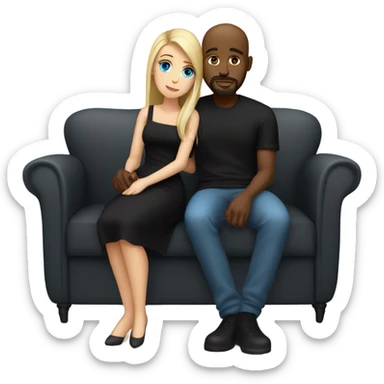 Blonde woman with blue eyes and long straight hair wearing a short black dress and a black man who is bald with a goatee seated together on a sofa enjoying a loving kiss.   sticker