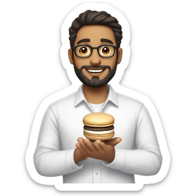 A light-skinned, nerdy man with dark hair and a beard holds a macaron in his hand and is wearing a basic white shirt. sticker