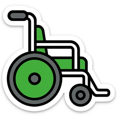 green wheelchair with metallic accents, minimal style, lineal color icon with black outlines sticker