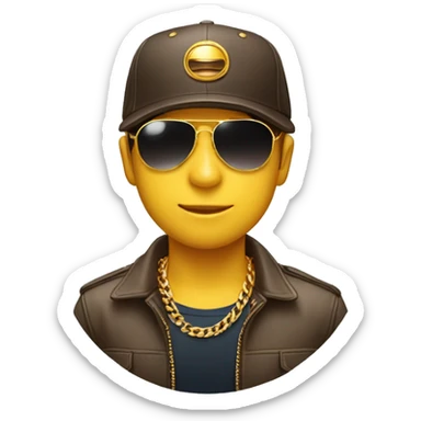 A circular emoji with a pair of aviator sunglasses COOL, a backwards baseball cap tilted slightly, and a gold chain around its neck. Make the overall expression slightly smug and confident. sticker