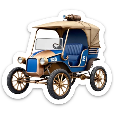 Old American West tarnished R2D2 bounty hunter 1854 delicately ornate rosegold accents painted dune buggy buckboard wagon powered by electric motors and batteries with safety features and belts flying rapidly across rough dusty terrain stable on strong agile steampunk suspension and steering  sticker