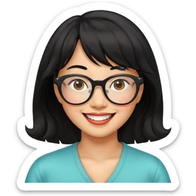 40 yr old asian woman wavy black hair bangs big glasses big smile tanned skin sticker