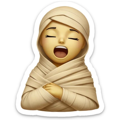 Cinematic Cute Yawning Mummy Portrait Emoji, with a snug, slightly askew bandaged form in warm, faded tones with gentle golden accents, head tilted back in a big, sleepy yawn revealing cute hints of ancient charm, simplified yet adorably detailed, glowing with a soft, nostalgic radiance and a gentle outline that captures a mummy’s tender need for rest! sticker