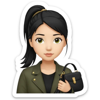 A girl with a pony tail black hair and olive skin, Asian eyes, with a black jacket and a black purse  sticker